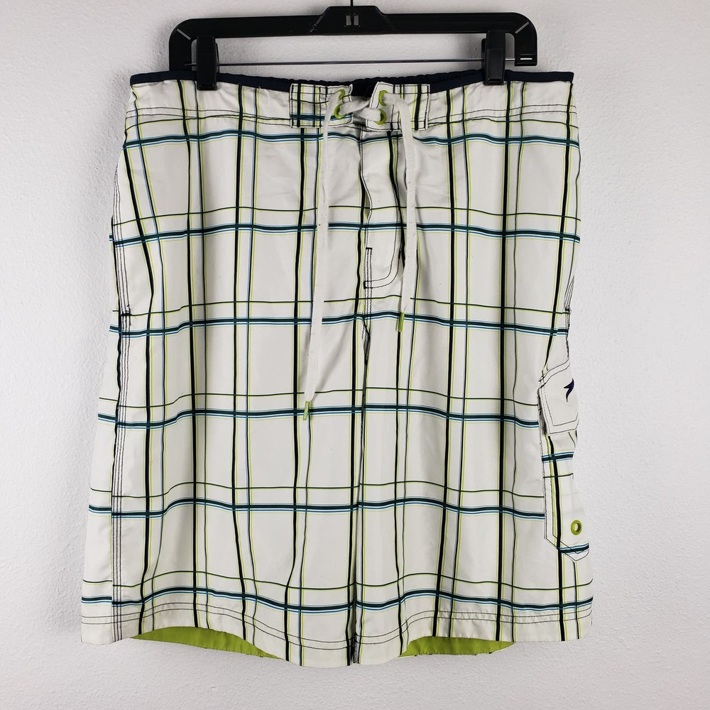 Speedo Men's Size L Cargo Swim Trunks White Green Plaid With Liner‎ 90s Style